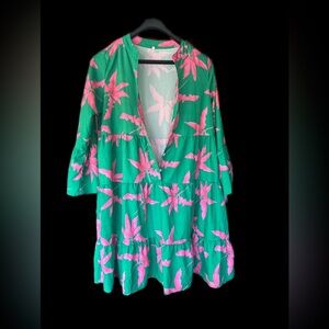 Pink and green peplum sleeve midi flare dress